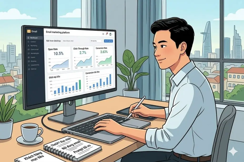 Prompt ChatGPT viết email marketing hiệu quả. Nam nhân viên dùng Prompt ChatGPT tạo email marketing
