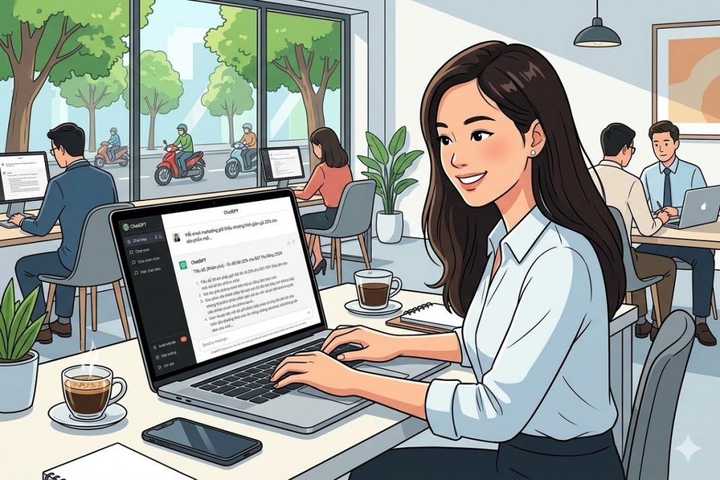 Prompt ChatGPT viết email marketing hiệu quả. Nữ nhân viên dùng Prompt ChatGPT tạo email marketing