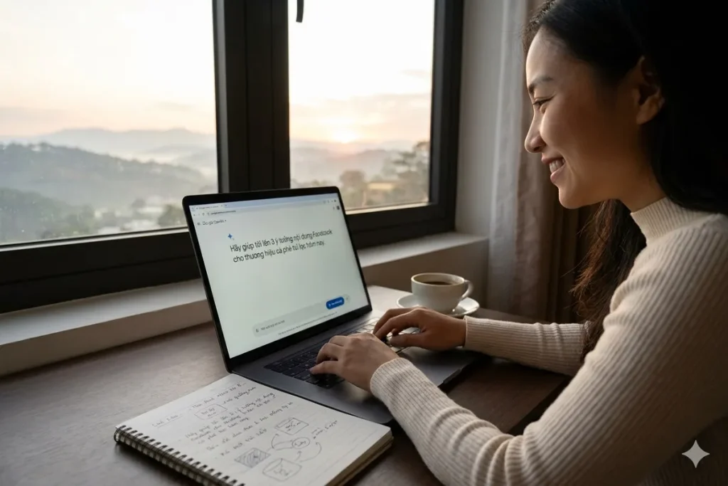 Google Gemini giúp tạo content Facebook mỗi ngày. Content Creator đang dùng Google Gemini lên ý tưởng nội dung bài đăng Facebook