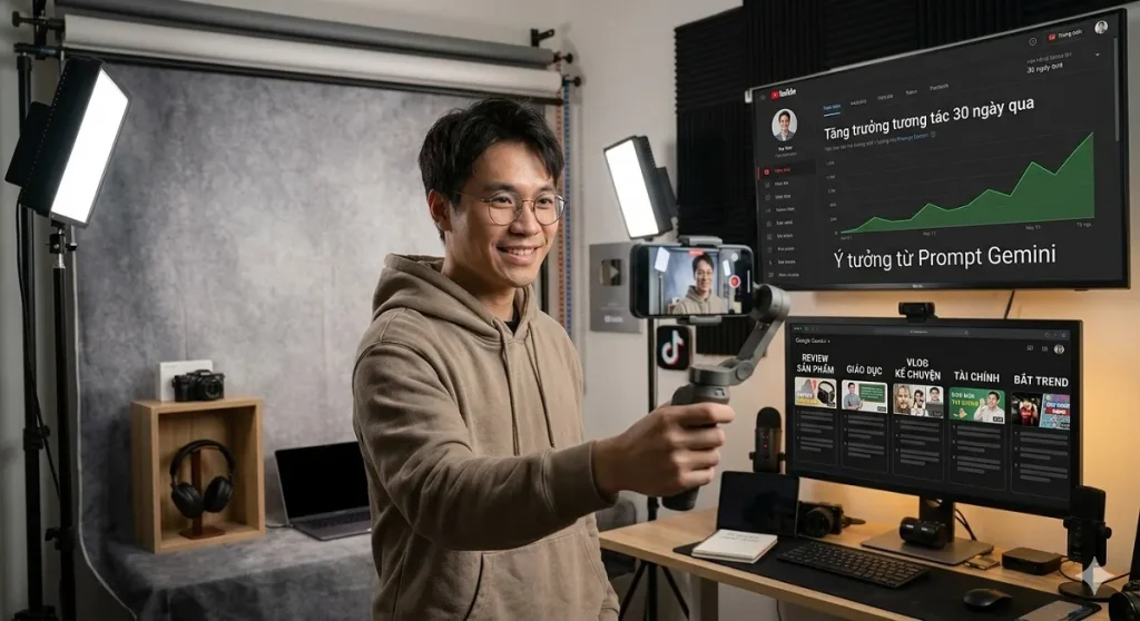 Prompt Gemini tạo ý tưởng video. Hình minh họa 1 content creator đang tạo video lấy ý tưởng từ Gemini