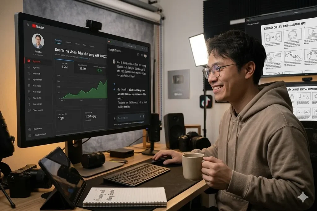 Prompt Gemini tạo ý tưởng video. Hình minh họa 2 content creator đang tạo video lấy ý tưởng từ Gemini