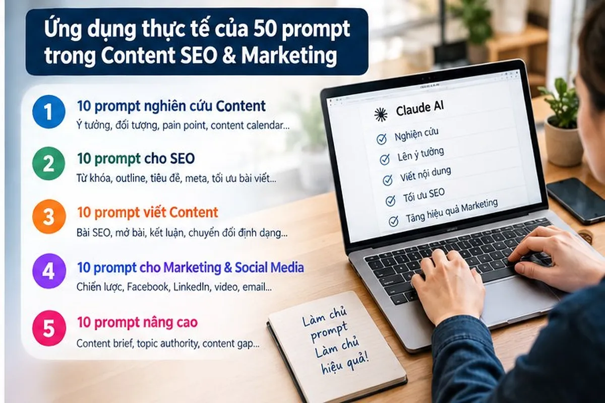 Bộ 50 prompt Claude AI hiệu quả nhất cho dân Content SEO & Marketing. Ứng dụng thực tế.