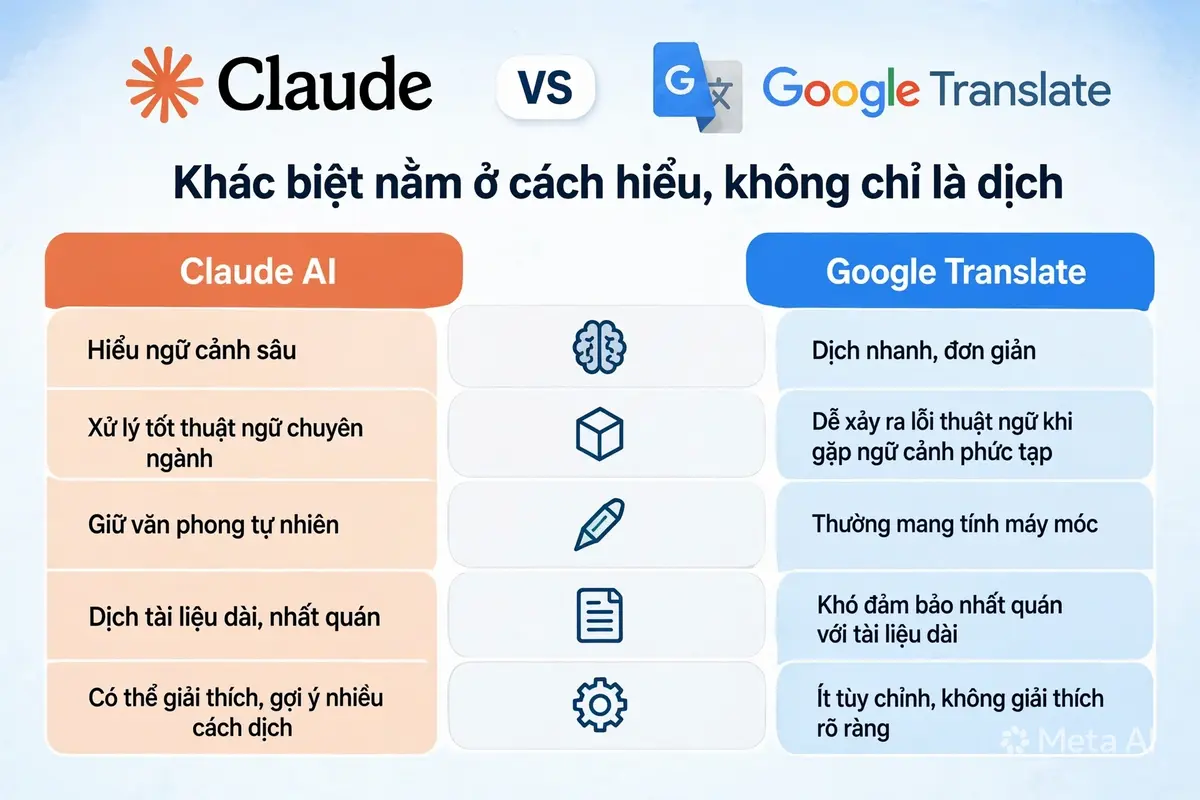 Claude AI làm trợ lý dịch thuật. Bảng so sánh Claude vs Google Translate
