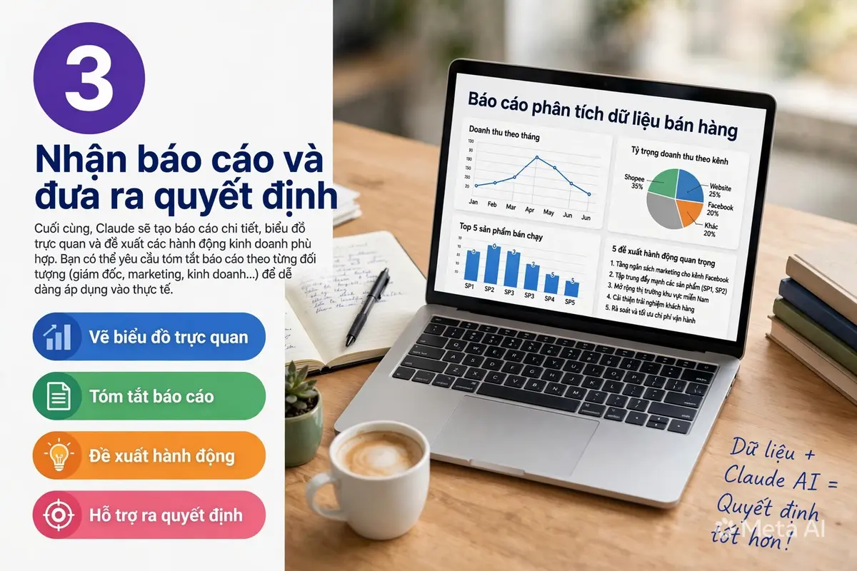 Claude AI phân tích dữ liệu. Nhận báo cáo và đưa ra quyết định