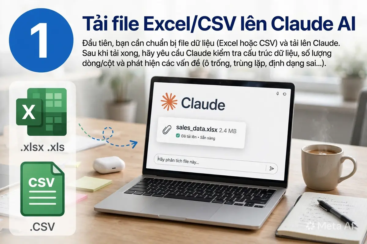 Claude AI phân tích dữ liệu. Tải file Excel/CSV lên Claude AI